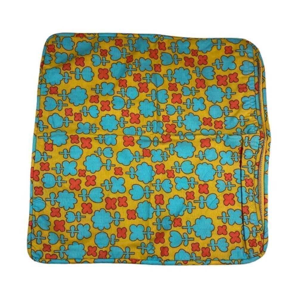 Vintage 16" Square Flower Throw Pillowcase Blue Orange Cover Retro MCM Hippie